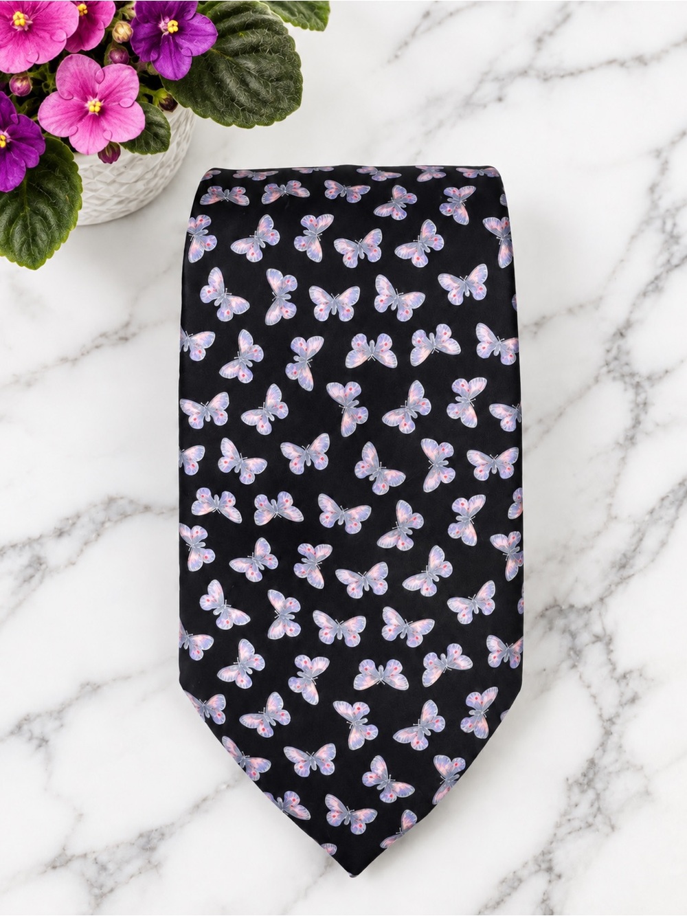 STEFANO RICCI - 100% Silk Black Neck Tie with Pink & Lavender Butterfly Print